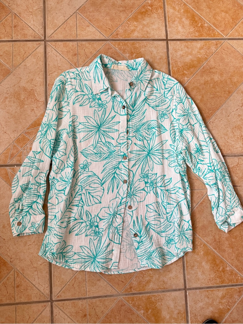 Ocean Drive White Button-Down Shirt with Teal Floral Print